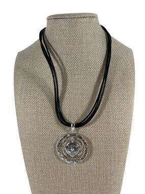 Napier Silver Tone Circle Pendant Necklace Black Cord Multi Strand Modern